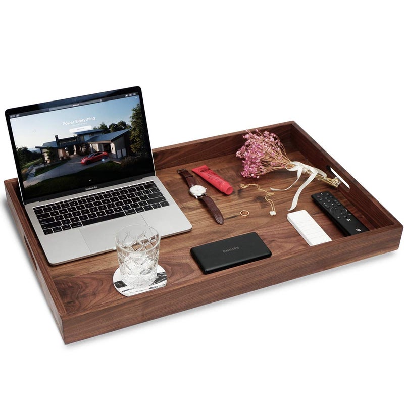 MAGIGO 28 x 18 Inches Extra Large Rectangle Black Walnut Wood Ottoman Tray with Handles, Serve Tea, Coffee or Breakfast in Bed, Classic Wooden Decorative Serving Tray - Image 5